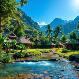 A stunning and vibrant scenic representation of a traditional Hovito village nestled in the lush, verdant mountains