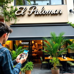 A modern take on the restaurant 'El Palomar', showcasing its inviting exterior with a bright and stylish design