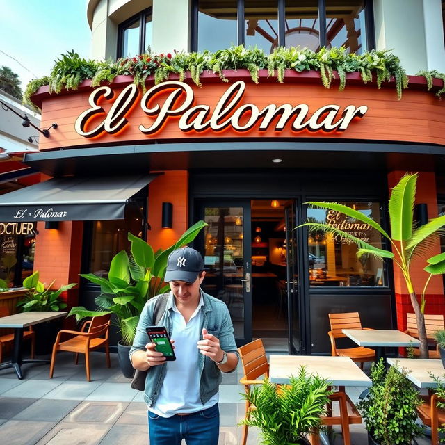 A modern take on the restaurant 'El Palomar', showcasing its inviting exterior with a bright and stylish design