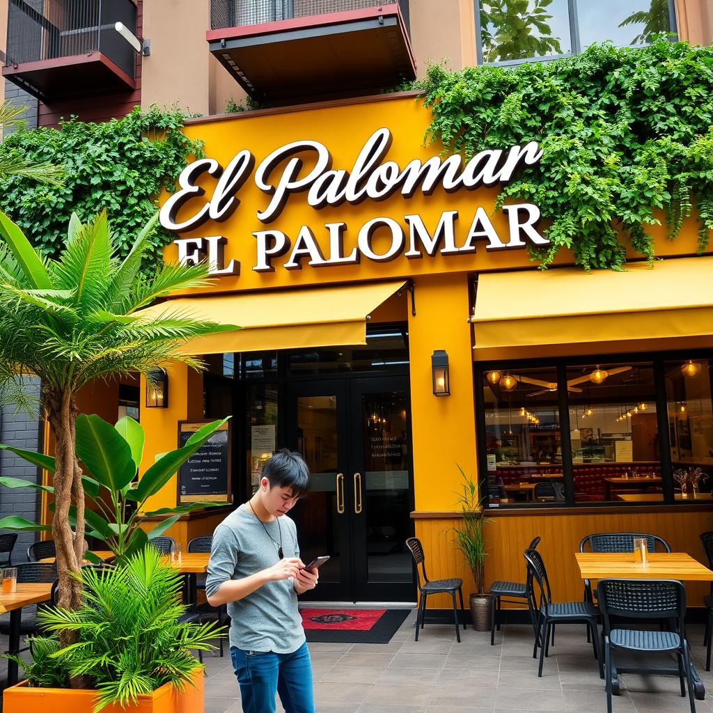 A modern take on the restaurant 'El Palomar', showcasing its inviting exterior with a bright and stylish design