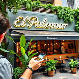 A modern take on the restaurant 'El Palomar', showcasing its inviting exterior with a bright and stylish design