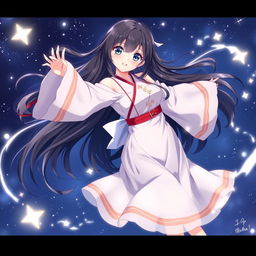 An 18-year-old female spirit shrine maiden anime character with long flowing black hair and captivating dark blue eyes, smiling mischievously as she glides gracefully through a midnight sky