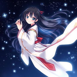 An 18-year-old female spirit shrine maiden anime character with long flowing black hair and captivating dark blue eyes, smiling mischievously as she glides gracefully through a midnight sky