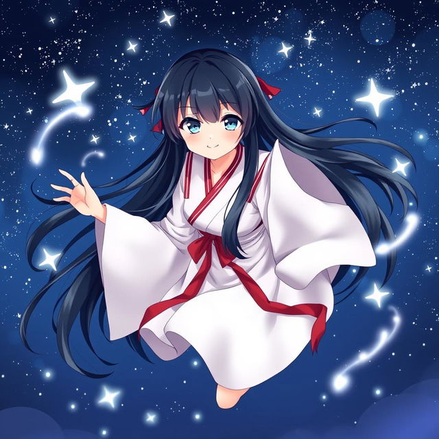 An 18-year-old female spirit shrine maiden anime character with long flowing black hair and captivating dark blue eyes, smiling mischievously as she glides gracefully through a midnight sky