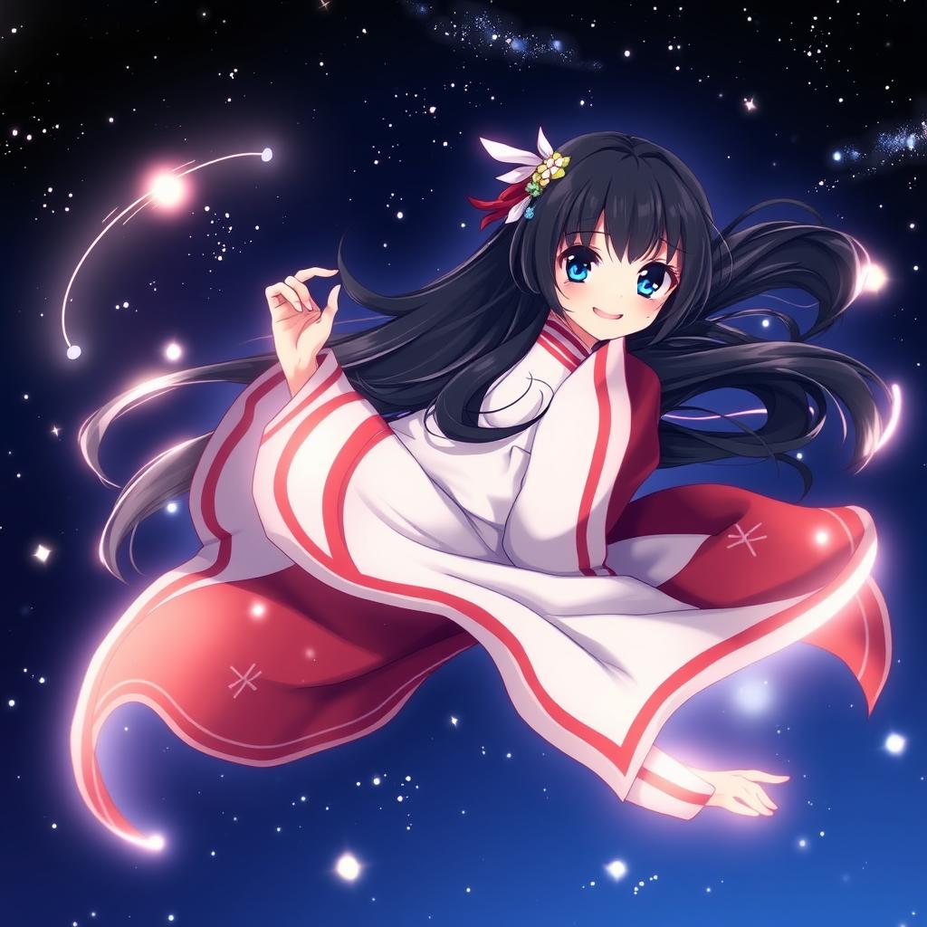 An 18-year-old female spirit shrine maiden anime character with long flowing black hair and captivating dark blue eyes, smiling mischievously as she glides gracefully through a midnight sky