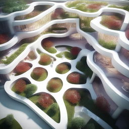 A high quality digital rendering of an architectural concept of a hospital, inspired by the form of a heart or aorta