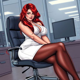 A realistic comic book style illustration of a sexy, beautiful, curvy, voluptuous girl with long flame red hair and captivating green eyes