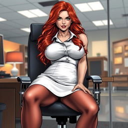 A realistic comic book style illustration of a sexy, beautiful, curvy, voluptuous girl with long flame red hair and captivating green eyes
