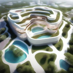 A high quality digital rendering of an architectural concept of a hospital, inspired by the form of a heart or aorta