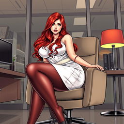 A realistic comic book style illustration of a sexy, beautiful, curvy, voluptuous girl with long flame red hair and captivating green eyes