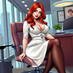 A realistic comic book style illustration of a sexy, beautiful, curvy, voluptuous girl with long flame red hair and captivating green eyes