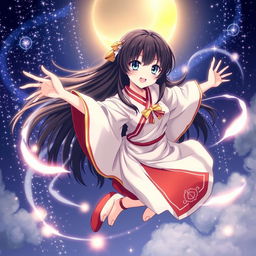 An 18-year-old female spirit shrine maiden anime character with long flowing black hair and mesmerizing dark blue eyes, smiling mischievously as she soars through a mystical midnight sky