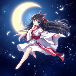 An 18-year-old female spirit shrine maiden anime character with long flowing black hair and mesmerizing dark blue eyes, smiling mischievously as she soars through a mystical midnight sky