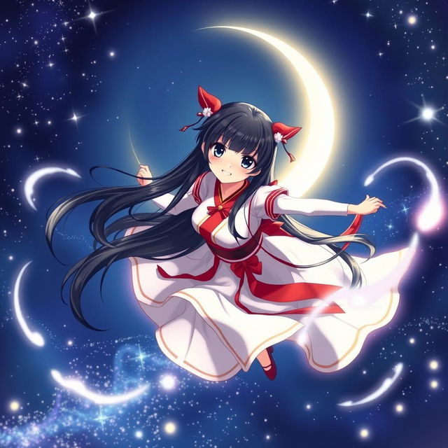 An 18-year-old female spirit shrine maiden anime character with long flowing black hair and mesmerizing dark blue eyes, smiling mischievously as she soars through a mystical midnight sky