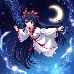 An 18-year-old female spirit shrine maiden anime character with long flowing black hair and mesmerizing dark blue eyes, smiling mischievously as she soars through a mystical midnight sky