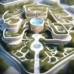 A highest quality digital art depicting an innovative architectural concept of a hospital, shaped in alignment with vital signs rhythms