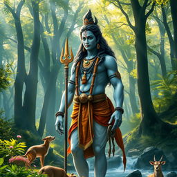 A breathtaking full-body portrait of Lord Shiva standing majestically in a lush green forest