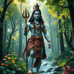 A breathtaking full-body portrait of Lord Shiva standing majestically in a lush green forest