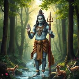 A breathtaking full-body portrait of Lord Shiva standing majestically in a lush green forest