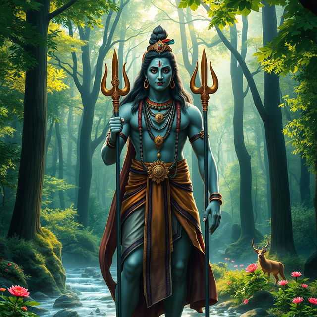 A breathtaking full-body portrait of Lord Shiva standing majestically in a lush green forest