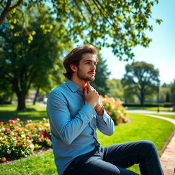 A contemplative man with a thoughtful expression, sitting on a bench in a serene park