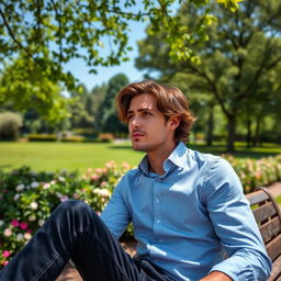 A contemplative man with a thoughtful expression, sitting on a bench in a serene park