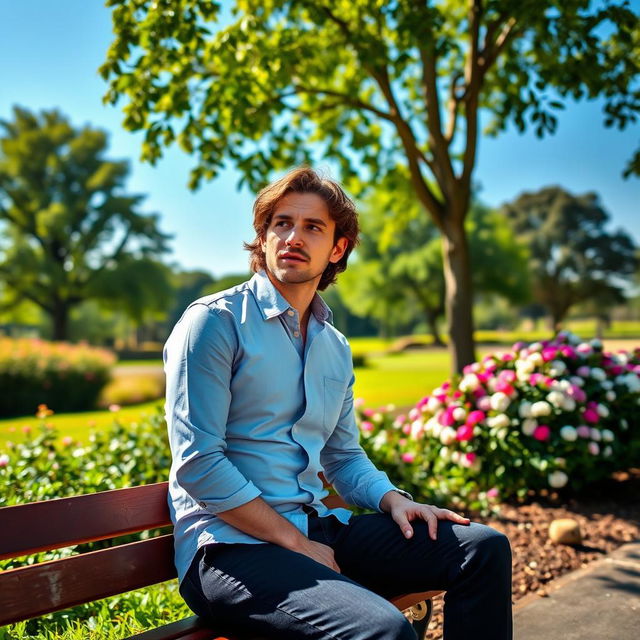 A contemplative man with a thoughtful expression, sitting on a bench in a serene park