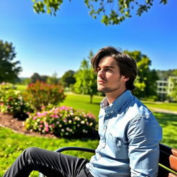 A contemplative man with a thoughtful expression, sitting on a bench in a serene park