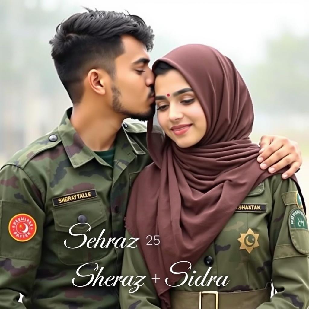 A handsome 25-year-old boy named Sheraz gently kissing the forehead of a beautiful 25-year-old girl named Sidra