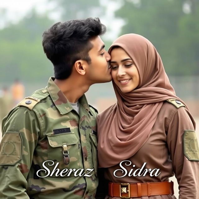 A handsome 25-year-old boy named Sheraz gently kissing the forehead of a beautiful 25-year-old girl named Sidra