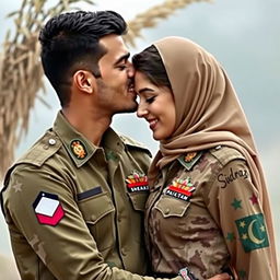 A romantic scene depicting a handsome 25-year-old man named Sheraz gently kissing the forehead of a beautiful 25-year-old woman named Sidra
