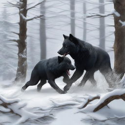 A captivating digital art image that portrays a fierce battle between a black wolf and a bear in a snowy woodland