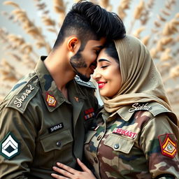 A romantic scene depicting a handsome 25-year-old man named Sheraz gently kissing the forehead of a beautiful 25-year-old woman named Sidra