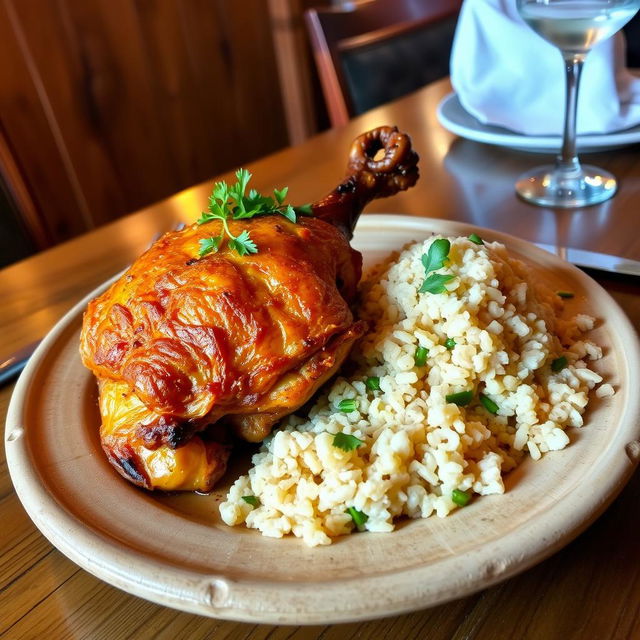 A beautifully plated traditional dish from 'El Palomar', showcasing a delicious serving of Pollo a la Brasa, featuring golden, crispy-skinned chicken accompanied by a side of flavorful rice chaufa