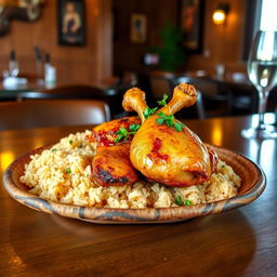 A beautifully plated traditional dish from 'El Palomar', showcasing a delicious serving of Pollo a la Brasa, featuring golden, crispy-skinned chicken accompanied by a side of flavorful rice chaufa