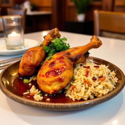 A beautifully plated traditional dish from 'El Palomar', showcasing a delicious serving of Pollo a la Brasa, featuring golden, crispy-skinned chicken accompanied by a side of flavorful rice chaufa