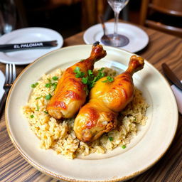 A beautifully plated traditional dish from 'El Palomar', showcasing a delicious serving of Pollo a la Brasa, featuring golden, crispy-skinned chicken accompanied by a side of flavorful rice chaufa