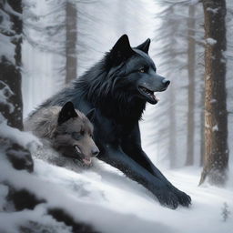 A captivating digital art image that portrays a fierce battle between a black wolf and a bear in a snowy woodland