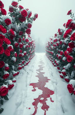 A mystical rose garden filled with vibrant red roses blooming abundantly, surrounded by thick layers of snow creating a striking contrast