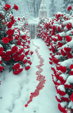 A mystical rose garden filled with vibrant red roses blooming abundantly, surrounded by thick layers of snow creating a striking contrast