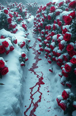 A mystical rose garden filled with vibrant red roses blooming abundantly, surrounded by thick layers of snow creating a striking contrast