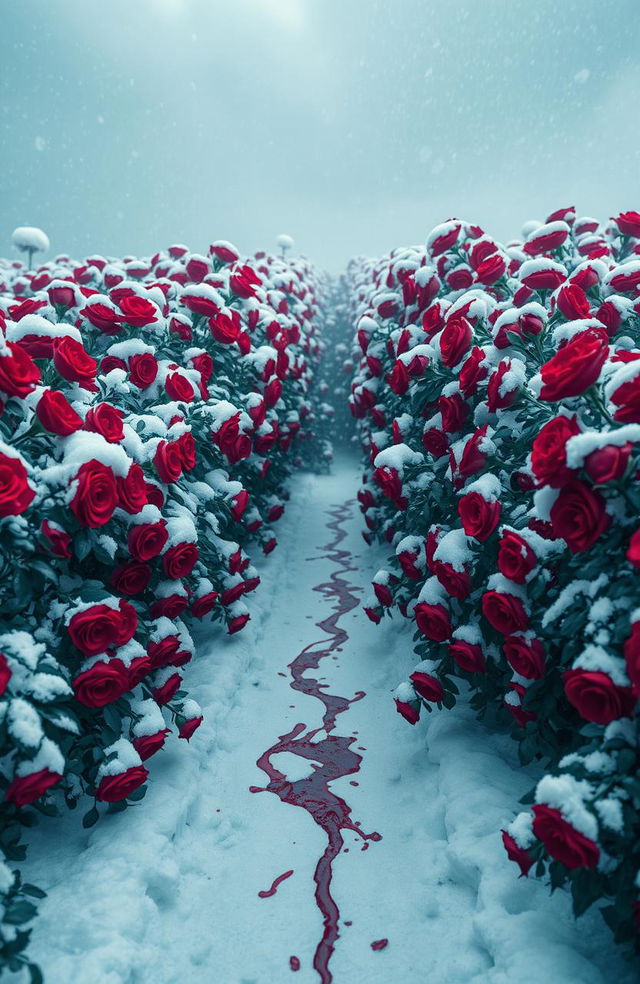 A mystical rose garden filled with vibrant red roses blooming abundantly, surrounded by thick layers of snow creating a striking contrast