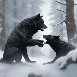 A captivating digital art image that portrays a fierce battle between a black wolf and a bear in a snowy woodland