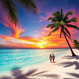 A lush tropical beach with crystal-clear turquoise waters, soft white sand, and a vibrant sunset painting the sky in hues of orange, pink, and purple