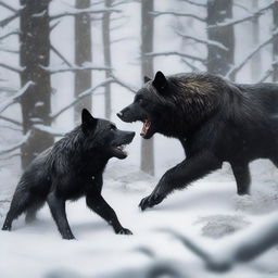 A captivating digital art image that portrays a fierce battle between a black wolf and a bear in a snowy woodland