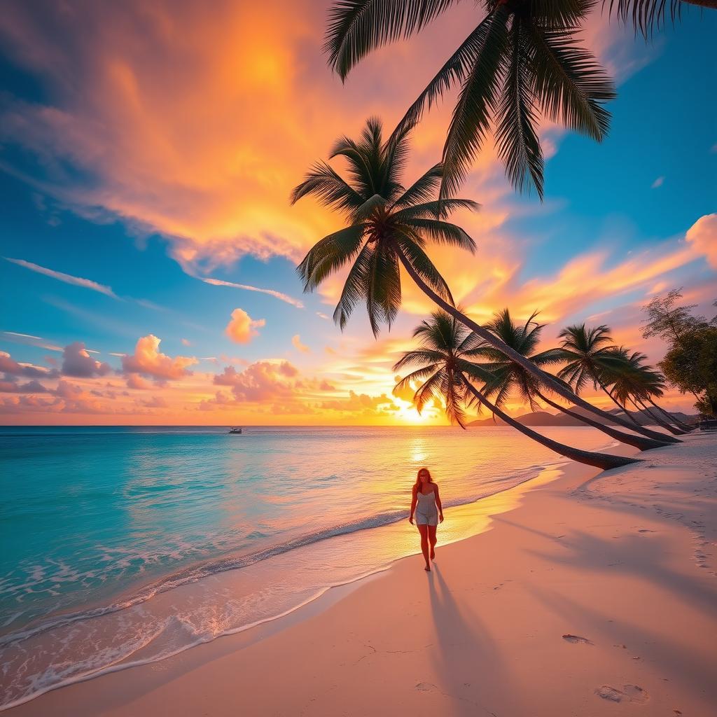 A lush tropical beach with crystal-clear turquoise waters, soft white sand, and a vibrant sunset painting the sky in hues of orange, pink, and purple