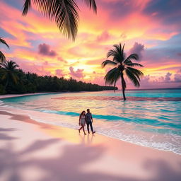 A lush tropical beach with crystal-clear turquoise waters, soft white sand, and a vibrant sunset painting the sky in hues of orange, pink, and purple