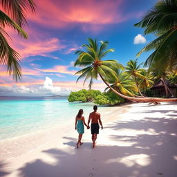 A lush tropical beach with crystal-clear turquoise waters, soft white sand, and a vibrant sunset painting the sky in hues of orange, pink, and purple