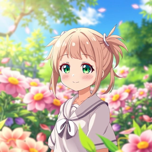 A 12-year-old anime girl character with light brown twintails and bright light green eyes, smirking playfully in a beautiful garden