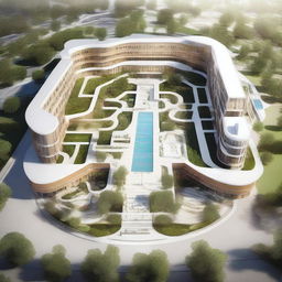 A top-notch digital rendering of an architectural concept for a hospital, influenced by the patterns of vital signs